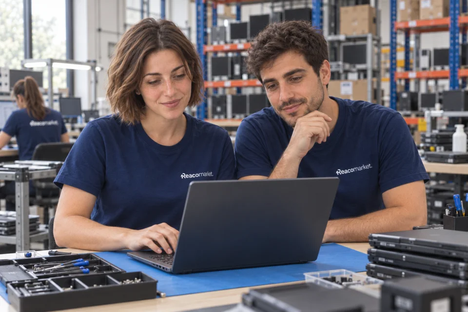 Dos compañeros revisando juntos un portátil en el taller de Reacomarket